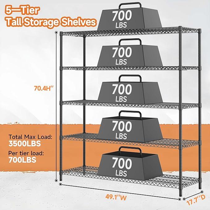 5 Tiers Storage Shelves Load 3300LBS, Metal Shelving Wire Metal Shelving Unit Shelves for Storage Adjustable Garage Shelving for Pantry Kitchen Garage Black 17.7" D x 59.1" W x 70.4" H - ModernBath
