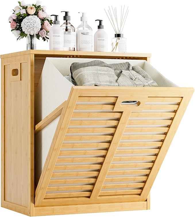 HITNET Tilt Out Laundry Hamper, Bamboo Laundry Cabinet with Hidden Removable Basket, Freestanding Clothes Storage organizer for Bedroom, Bathroom, Living Room, Natural - ModernBath