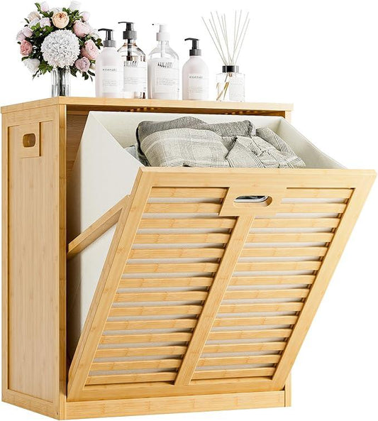 HITNET Tilt Out Laundry Hamper, Bamboo Laundry Cabinet with Hidden Removable Basket, Freestanding Clothes Storage organizer for Bedroom, Bathroom, Living Room, Natural - ModernBath