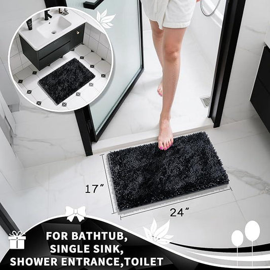 Yimobra Chenille Bathroom Rugs Non Slip, Extra Thick Soft Absorbent Bath Rug, Machine Washable Quick Dry Bath Mat for Bathroom Floor, Tub and Shower, Home Decor Accessories, 24x17, Black - ModernBath