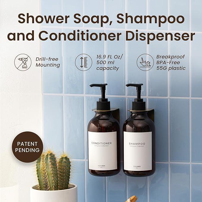 MaisoNovo Shampoo and Conditioner Dispenser - Shower Soap Dispenser Wall Mounted - 16.9 fl oz Set of 2 Amber Plastic Bottles Black Pump - 2 Chamber No Drill - ModernBath