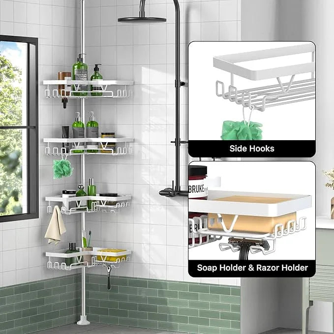 KEGII Corner Shower Caddy Tension Pole - 4-Tier Rustproof Bathroom Organizer, Floor to Ceiling Shower Caddy 25-114.2 inch, No Drilling Shower Storage Rack for Shampoo, Towels (Matte White) - ModernBath