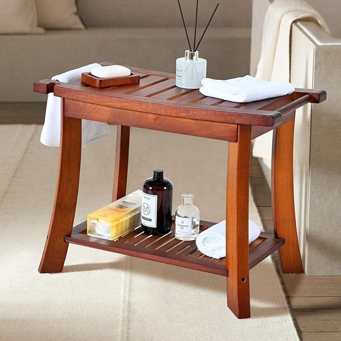 Teak Shower Chair Stool, 24" Shower Bench Seat, Wooden Bathroom Bench with Storage Shelf for Indoor & Outdoor Use,Walnut - ModernBath