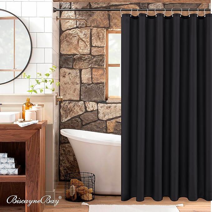 Biscaynebay Fabric Narrow Shower Stall Curtain Liners 54" Width by 72" Length, Black Water Resistant Bathroom Curtains, Rust Resistant Grommets (9 Holes) Weighted Bottom Machine Washable - ModernBath