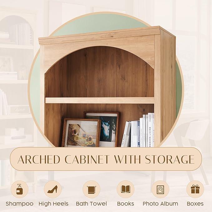 76" Tall Arched Bathroom Storage Cabinet, 5 Tiers Large Farmhouse Arched Cabinet w/Adjustable Shelves, Modern Wooden Storage Cabinet for Bathroom, Living Room, Entryway, Study Room (Natural) - ModernBath