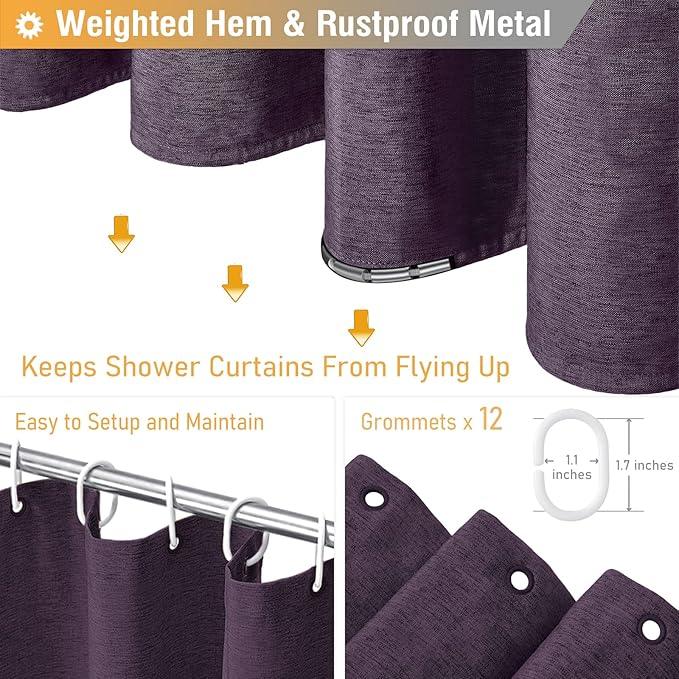 BTTN Extra Long Shower Curtain - 72x84 Inches Long Linen Textured Heavy Duty Fabric Shower Curtain Set with 12 Plastic Hooks, Tall Luxury Simple Waterproof Cloth Shower Curtains for Bathroom - Purple - ModernBath