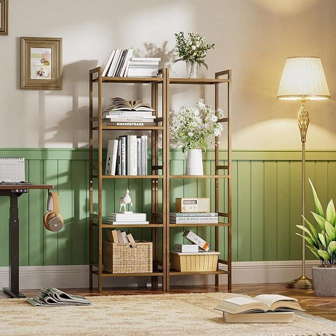 HITNET Bamboo Book Shelf, Tall Narrow Bookcase, Bathroom Shelving Unit 5 Tier Floor Standing Adjustable Bookshelf for Small Spaces, Walnut - ModernBath