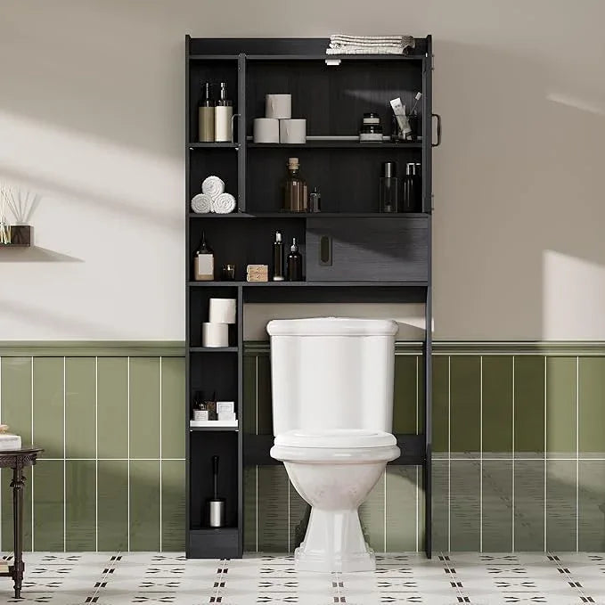 ChooChoo Over The Toilet Storage Cabinet, Farmhouse Bathroom Storage Cabinet with Sliding Door, Over Toilet Storage with Adjustable Shelves, Space-Saving, Black - ModernBath