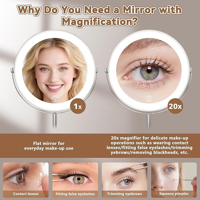 9" Magnifying Mirror with Light 1X/20X, Makeup Mirror with Light includes small mirror, 2000mAh Rechargeable, 360° Rotation, 3 Color Modes, Double-Sided, Ideal for Eyebrows, Lenses & Skincare - ModernBath