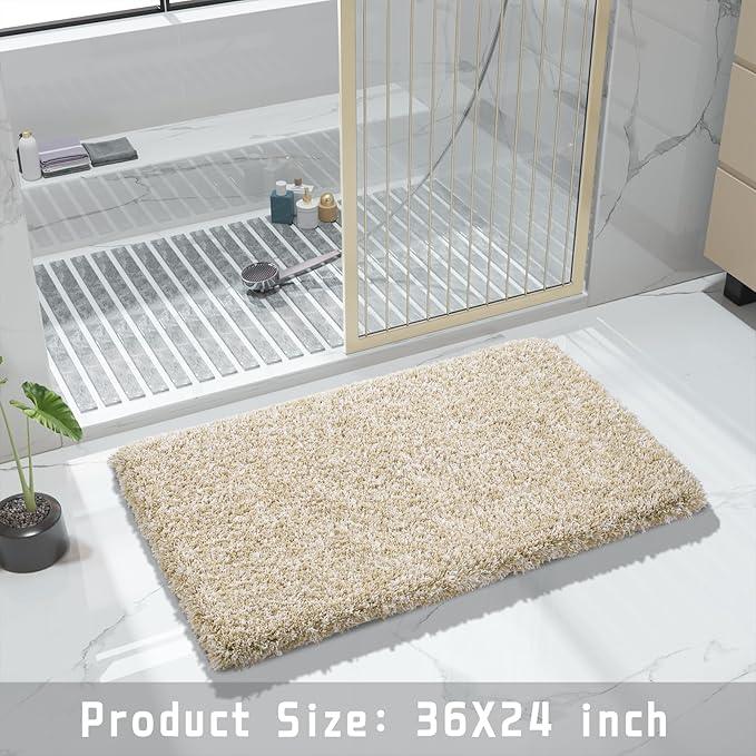 Yimobra Bathroom Rugs Non Slip Washable 36x24, Ultra Soft and Water Absorbent Bath Mats, Plush Fluffy Shower Mat Outside, Luxury Microfiber Thick Matts for Bathroom Floor/Tub, Light Beige and White - ModernBath