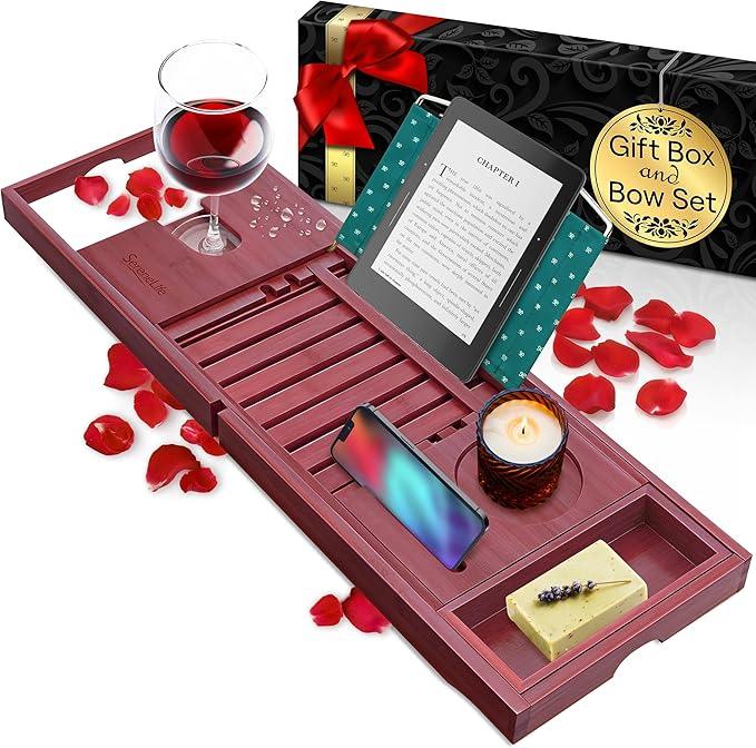 SereneLife Premium Bathtub Tray Caddy with Gift Box and Bow Set, Expandable Bath Tray, Unique House Warming Gifts for Mom, Women, Wedding, Anniversary, Bridal Shower, Fit for All Tub - Stain Brown - ModernBath