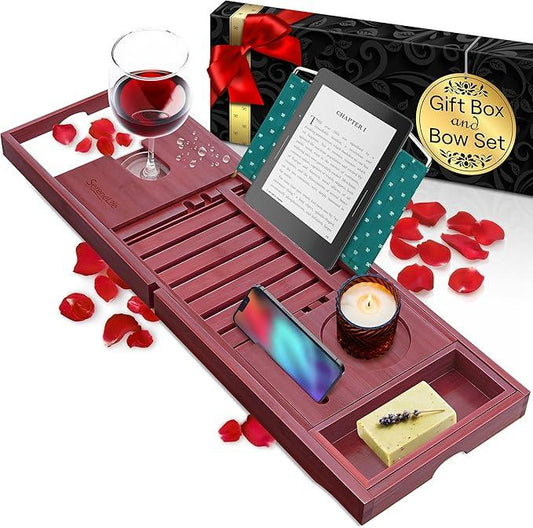 SereneLife Premium Bathtub Tray Caddy with Gift Box and Bow Set, Expandable Bath Tray, Unique House Warming Gifts for Mom, Women, Wedding, Anniversary, Bridal Shower, Fit for All Tub - Stain Brown - ModernBath