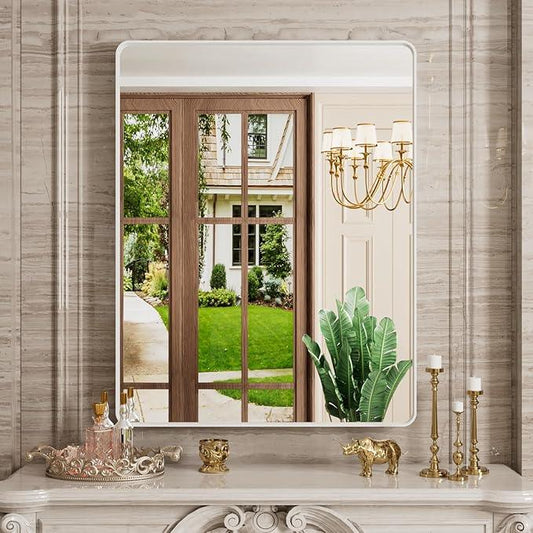 JISOSO White Bathroom Mirror 28x36 Inch, White Metal Framed Bathroom Mirror for Wall, Rounded Rectangle Matte Bathroom Vanity Mirror, Tempered Glass, Anti-Rust, Horizontal/Vertical - ModernBath