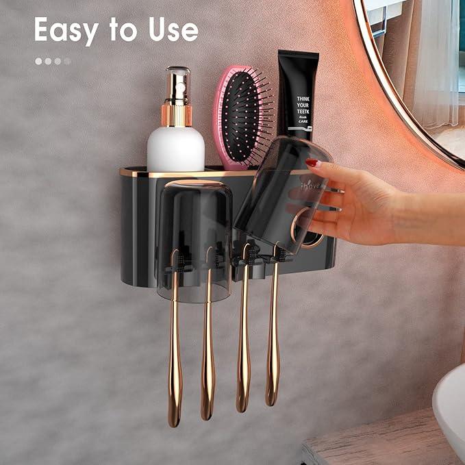 iHave Toothbrush Holders Bathroom Accessories with Toothpaste Dispenser, 2 Cups Toothbrush Holder Wall Mounted Bathroom Decor - ModernBath