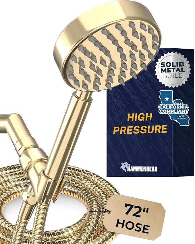 HammerHead Showers® Solid Metal LOW FLOW Handheld Shower Head with Hose and Brass Holder - POLISHED BRASS – Water Saving 1.75 GPM Detachable Shower Head - Adjustable Shower Wand Bracket & 6ft Hose - ModernBath