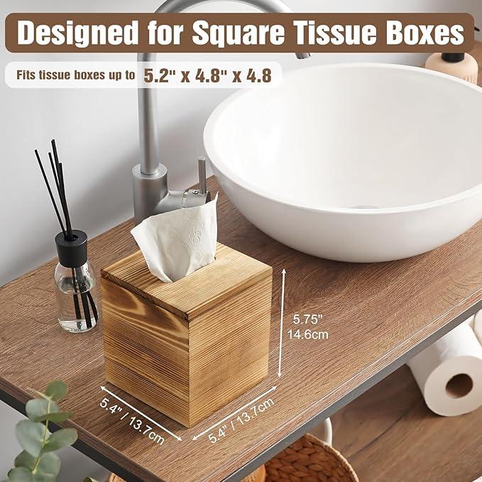 Dreamkey Square Burnt Wood Tissue Box Cover, Rustic Solid Wood Tissue Box Holder with Removable Top Lid for Bathroom, Bedroom, Living Room, Office, Brown - ModernBath