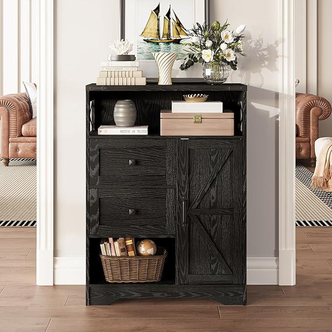 Fameill Farmhouse Storage Cabinet with 2 Drawers & Shelves,Freestanding Kitchen Cabinet with Doors,Floor Storage Organization for Living Room,Bathroom,Laundry,Black - ModernBath