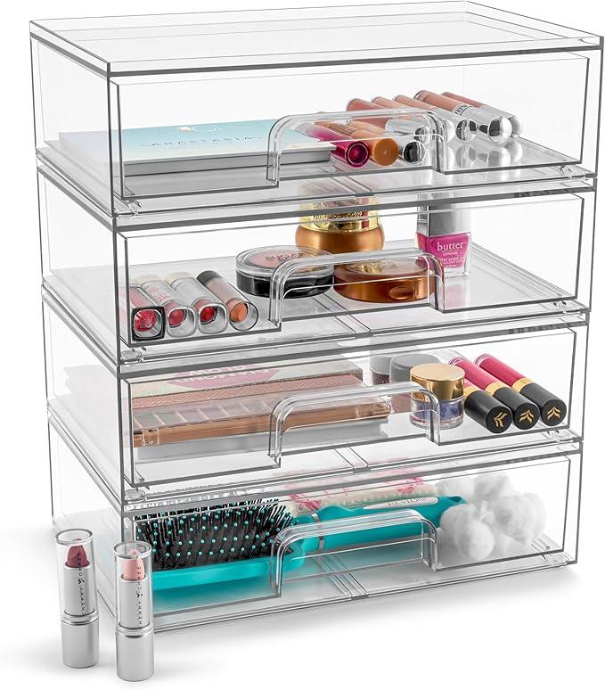 Sorbus Acrylic Storage Containers - 4 Pack, Stackable Storage Bins Set for Bathroom Organization - Clear Acrylic Drawer Organizers - Makeup Case Pull-Out Drawers (12.1’’ Wide) - ModernBath
