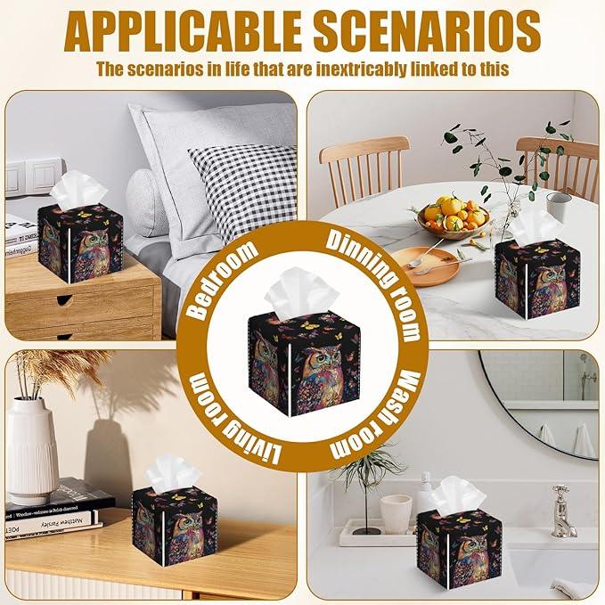 Coloful Owl Butterfly Tissue Box Cover 2PCS, Leather Tissue Box Holder Square Facial Paper Case Tissue Box Cube Organizer for Bathroom Bedroom Desk Office - ModernBath