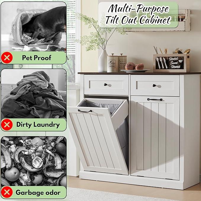 Double Tilt Out Laundry Hamper Cabinet, 20 Gallon Farmhouse Trash Can Cabinet with Drawer, Hidden Wood Garbage Can Bin Cabinets with Laundry Storage Basket for Bathroom, Kitchen (Antique White) - ModernBath