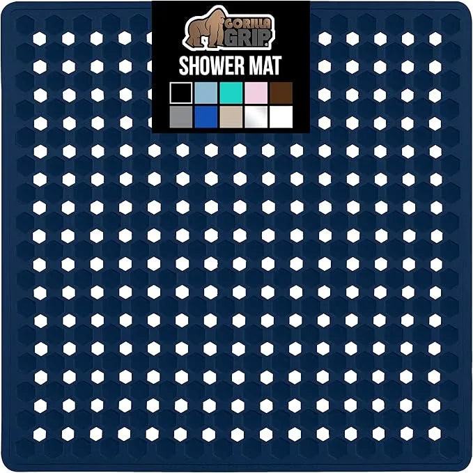 GORILLA GRIP Patented Square Shower Stall Mat, Small Bathtub Floor Mats for Stand Up Showers, Suction Cups and Drainage Holes, Machine Wash, Soft on Feet, Bathroom Accessories 21x21 Inch, Navy Opaque - ModernBath