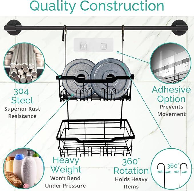 Black Shower Caddy Hanging - Rust-Proof 304 Stainless Steel Shower Caddy with Rotatable Hooks and Adhesives - Ideal for Bathroom Essentials - Convenient for Bathroom Toiletries - ModernBath