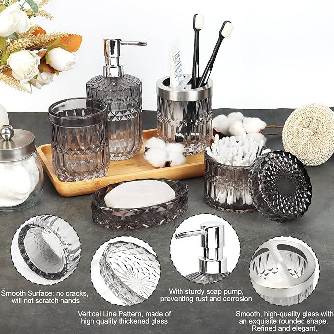 Ulable Bathroom Accessories Set, 5Pcs Bathroom Soap Dispenser Set, Glass Bathroom Accessories with Glass Soap Dispenser, Soap Dish, Toothbrush Holder, Tumbler, Cotton Swab Jar (Gradient Black & Clear) - ModernBath