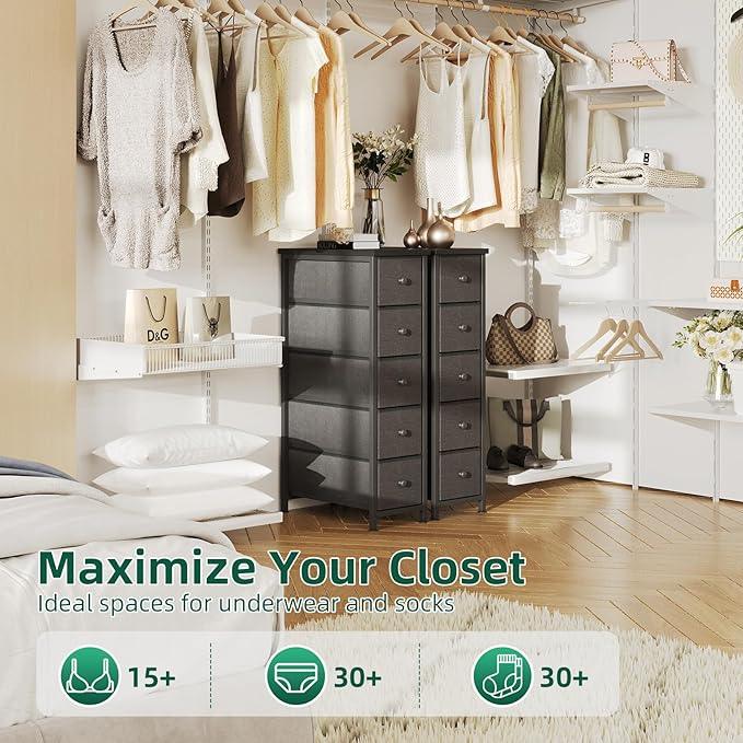 Narrow Dresser, 19" Wide Narrow Nightstand Dresser Storage Tower with 5 Drawers, Slim Fabric Dressers Chest of Drawers for Small Spaces, Wood Top & Fabric Bins for Bedroom Bathroom Closet (Black) - ModernBath