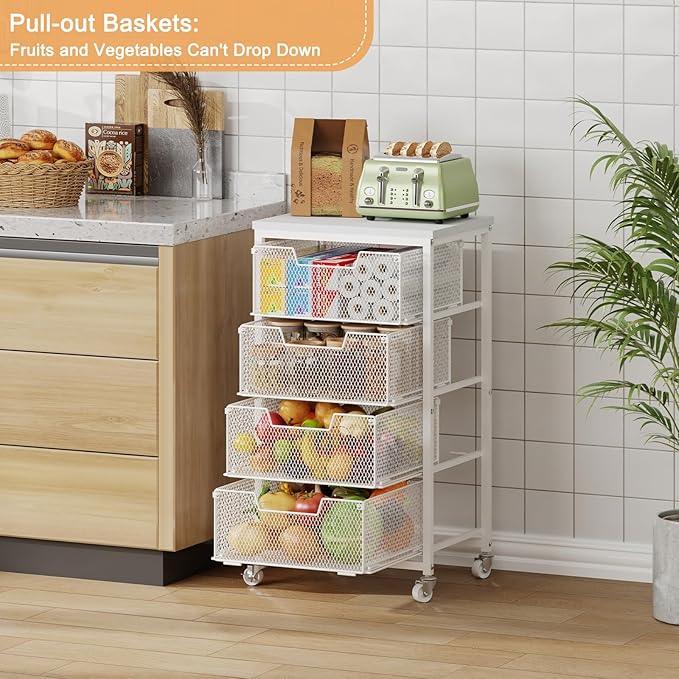 4-Tier Kitchen Storage Cart - Fruit Vegetable Storage Cart with Drawers, Wooden Top Metal Wire Kitchen Organizer and Storage Cart with Wheels to Storage Onions Potatoes Cans Snacks for Kitchen - ModernBath