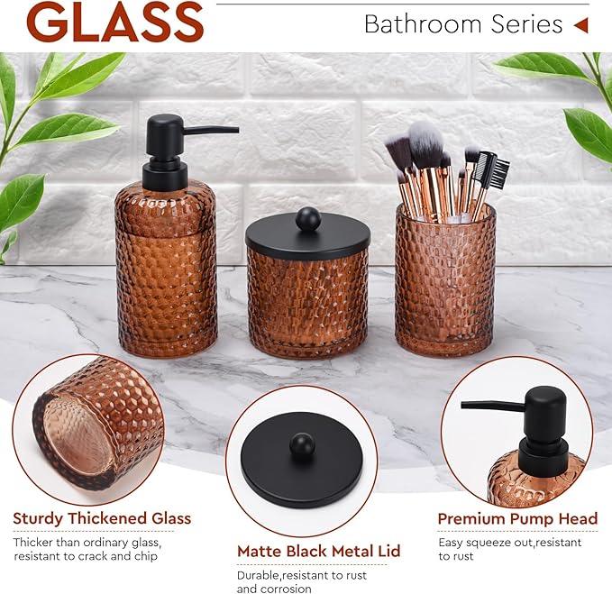 Bathroom Accessories Set,4 Pcs Amber Glass Bathroom Accessories Sets-Lotion Soap Dispenser,Toothbrush Holder,Qtip Holder Dispenser & Resin Vanity Tray,Countertop Vanity Organizer,Amber - ModernBath