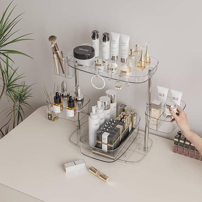 ACRYDECOR Clear Acrylic Makeup Organizer, Multi-Tier Cosmetic Storage Rack with Side Containers, Large Capacity Skincare Holder for Bathroom Counter, Vanity & Desk - ModernBath