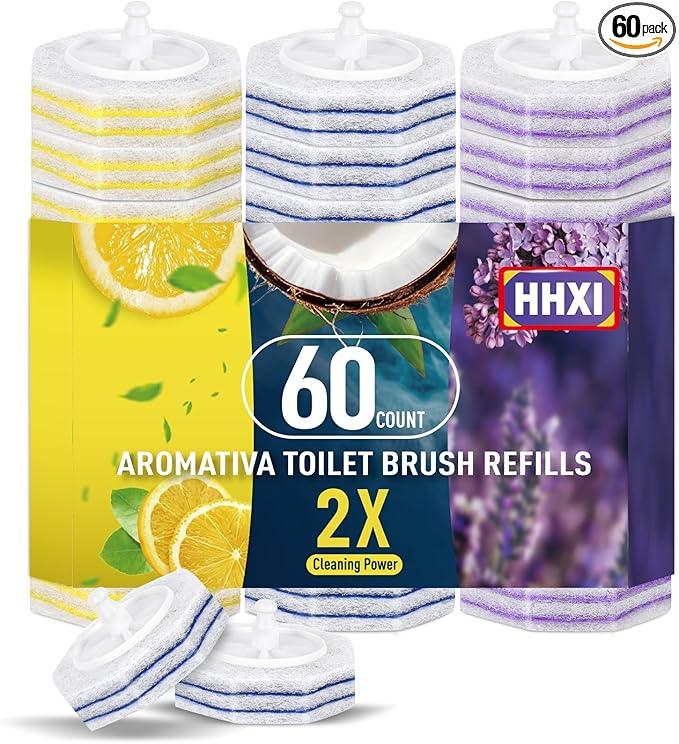 HHXI 60Ct Aromative Toilet Brush Refills, Toilet Bowl Cleaner Refills, Double-Layer Cleaning Pads Added, Compatible with Most Toilet Brushes，Lemon, Blue Ocean, Lavender（Patented） - ModernBath
