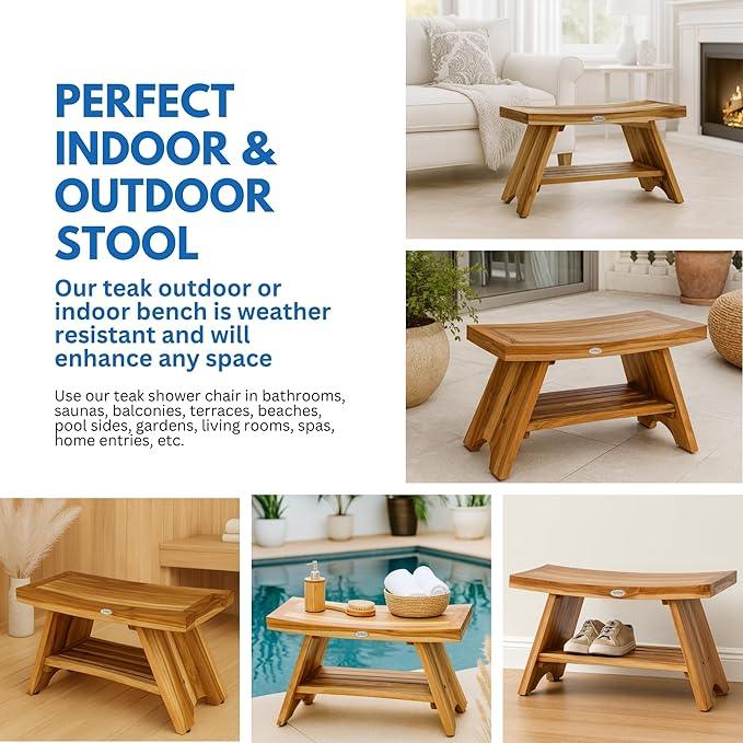 EcoDecors 30 Inch Serenity Teak Shower Bench – Waterproof Bathroom Seat with Large Storage Shelf For Adults & Seniors | Spa-Style Teak Wood Stool with Non-Slip Feet, Elegant Finish, 300 Pound Capacity - ModernBath
