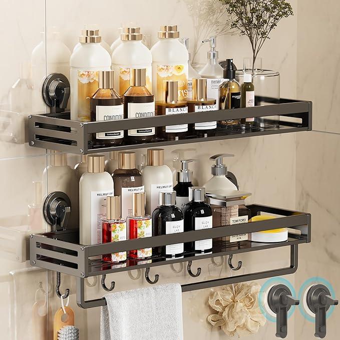 CIBOTIES Shower Caddy Suction Cup, 15.8 inch 2 Pack Suction Shower Shelf with Hooks NO-Drilling Bathroom Holder, Rustproof Bathroom Organizer, Includes 2 Extra Suction Cups, Dark Grey - ModernBath