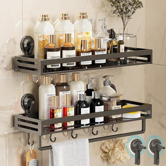 CIBOTIES Shower Caddy Suction Cup, 15.8 inch 2 Pack Suction Shower Shelf with Hooks NO-Drilling Bathroom Holder, Rustproof Bathroom Organizer, Includes 2 Extra Suction Cups, Dark Grey - ModernBath