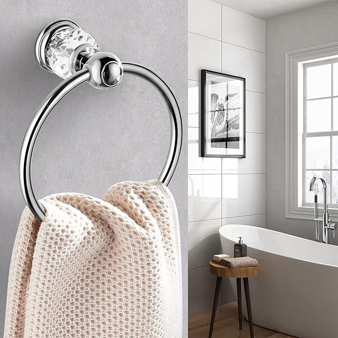 WINCASE Chrome Towel Ring, Bath Hand Towel Holder Crystal, Silver Towel Rack Wall Mounted - ModernBath