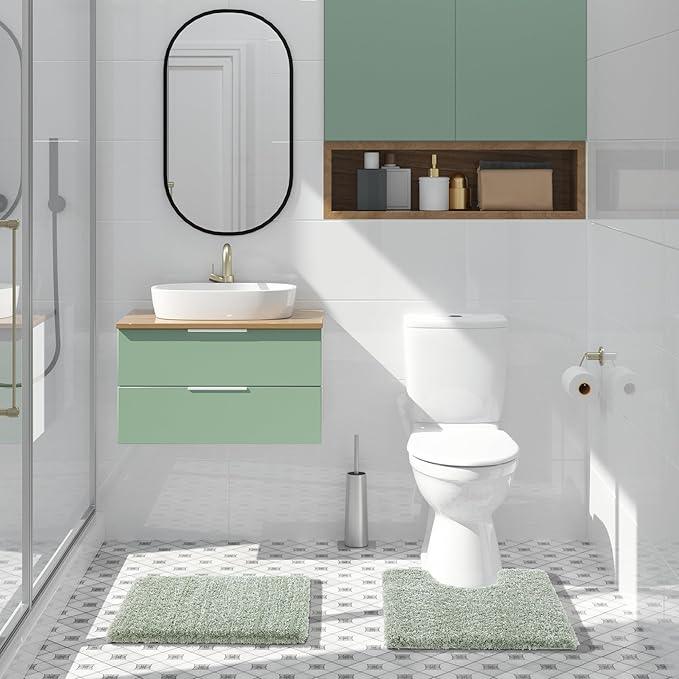 Yimobra Bathroom Rugs for Home Essentials, Non Slip Washable Bath Mat, Soft Water Absorbent Plush Shower Rug for Bathroom Floor, Bath Decor Accessories, 24x17, Light Green White - ModernBath