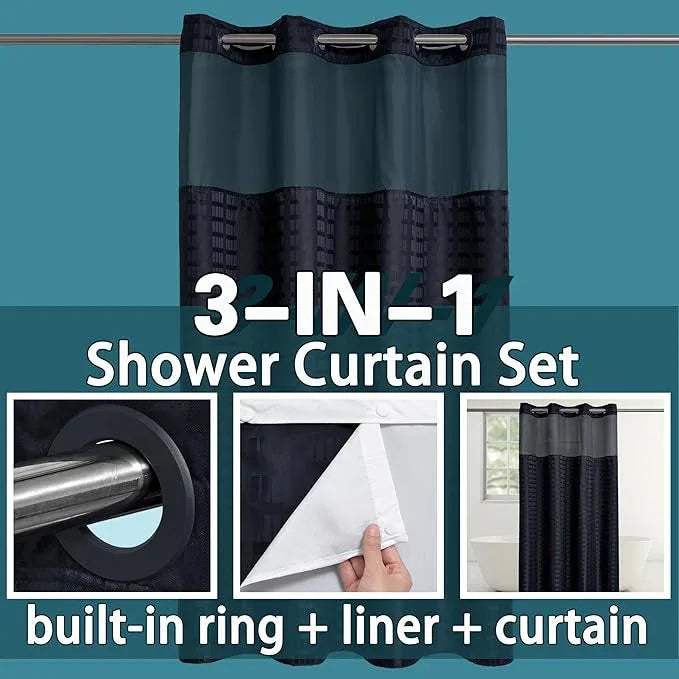 Conbo Mio Stall No Hook Shower Curtain with Snap in Liner Set, Hotel Luxury Black Shower Curtains for Bathroom with See Through Top Window, Waterproof, Washable 54W x 74H - ModernBath