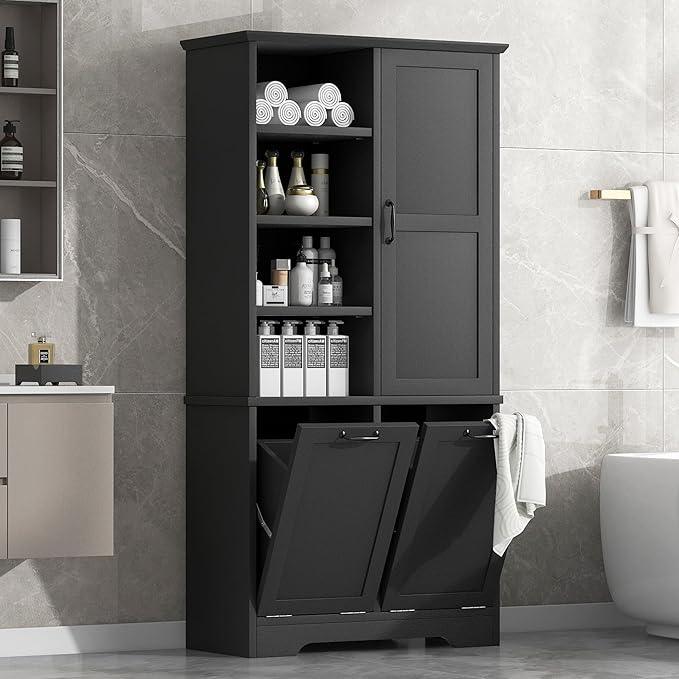 Bathroom Storage Cabinet with Doors and Drawers, Tilt-Out Laundry Hamper, Multiple Storage Space, Freestanding Style, Open Shelve, Adjustable Shelf (Black) - ModernBath