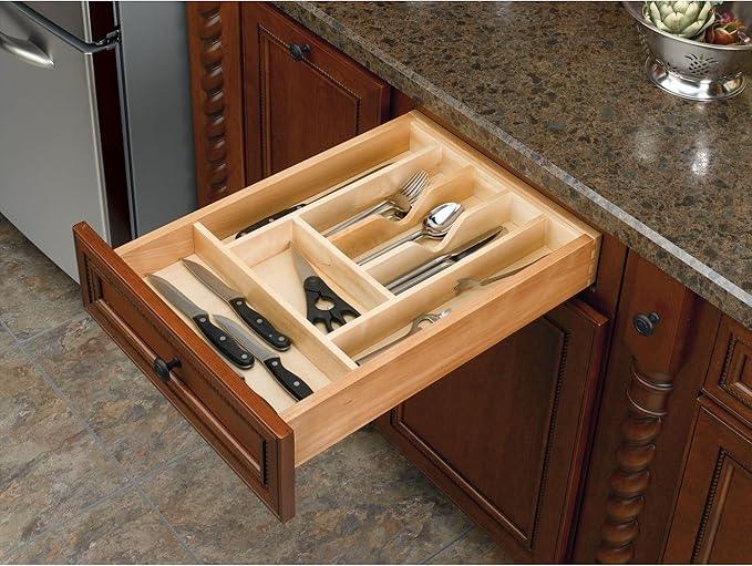 Rev-A-Shelf Trim-to-Fit Silverware Drawer Organizer For Kitchen Utensil Cutlery Cabinet Storage, Natural Maple Wood 7 Compartment Tray Insert 4WCT-1SH - ModernBath