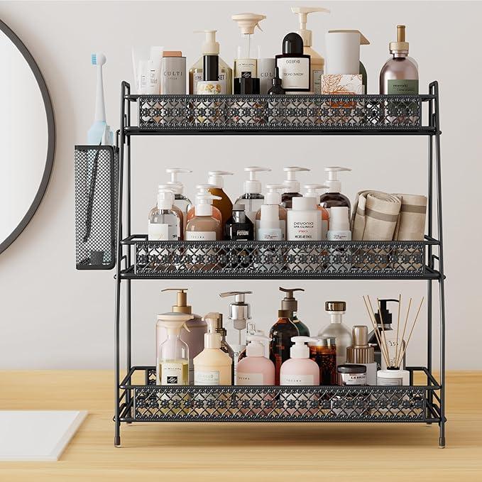 SILUB Vintage 3 Tier Spice Rack Organizer for Kitchen Counter, Bathroom Counter Organizer with Bonus Basket, 3 Tier Bathroom Counter Organizer for Spices Makeup Perfumes, Retro Countertop Organizer - ModernBath