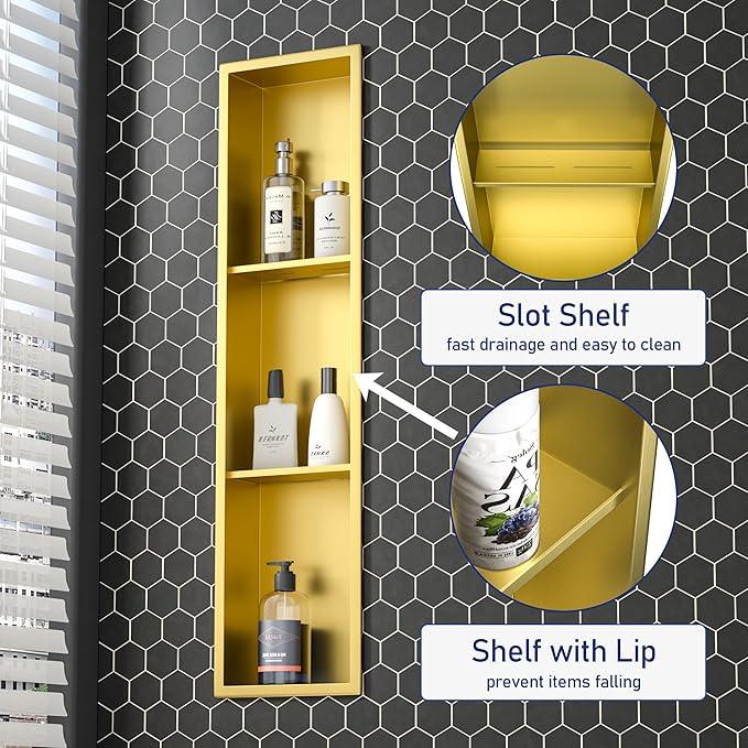 Stainless Steel Shower Niche 8"×36" with 3-Tier Shelve Gold No Tiled Needed Niche Shower for Wall Recessed Shower Shelf for Bathroom Storage - ModernBath