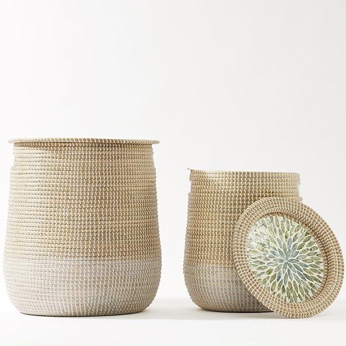 Round Seagrass Laundry Hamper with Lid, 2-Piece Set - Eco-Friendly Storage Basket for Clothes, Toys, and More - Natural Woven Design for Home, Bedroom, Bathroom - ModernBath