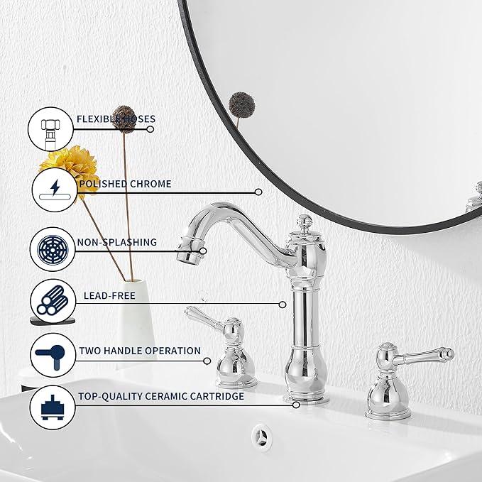 GGStudy 2 Handles 3 Holes Faucet Widespread Bathroom Sink Faucet Basin Tap Mixer Supply Hose Included Matching Pop Up Drain Polished Chrome - ModernBath