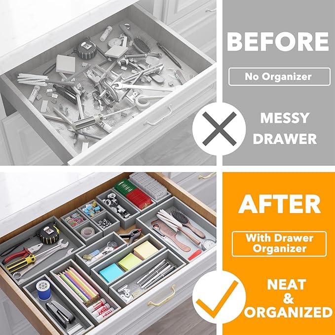 SpaceAid 14-Piece Bamboo Drawer Organizer Storage Boxes Set, Wood Tray Junk Drawer Organizers Multi-Use Divider Bins for Kitchen, Bathroom, Office Desk and Makeup Organization (14 Pack, Gray) - ModernBath