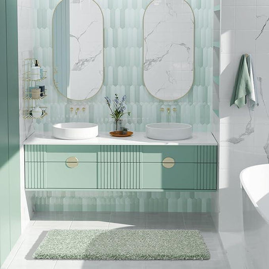 Yimobra Luxury Bathroom Rugs, Fluffy Bath Mats, Non Slip, Water Absorbent Microfiber, Machine Washable, Plush Runner Shower Rugs, Thick Matts for Bathroom Floor&Tub, 47"x 24", Light Green and White - ModernBath