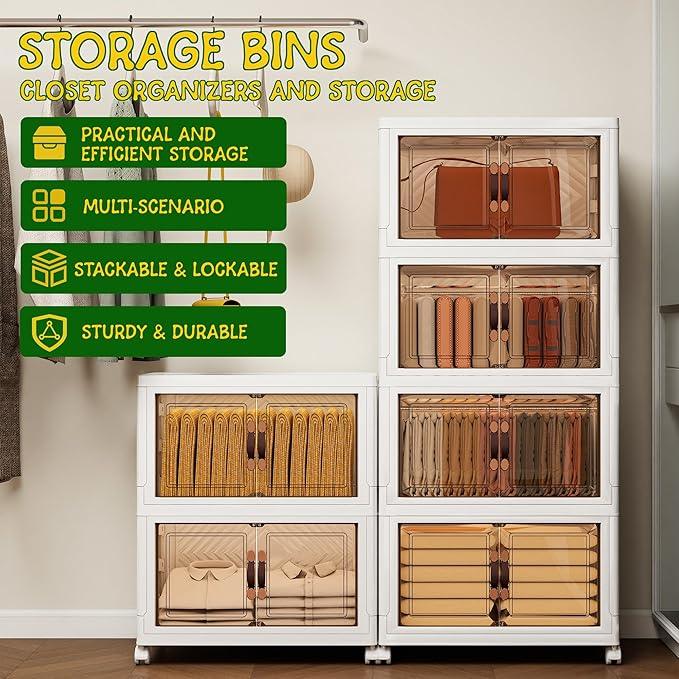 Storage Bins with 2 Lids and Wheels, 270QT-45QT*6Tier Collapsible Bathroom Storage Cabinet with Clear Doors, Plastic Stackable Closet Organizers and Containers White - ModernBath