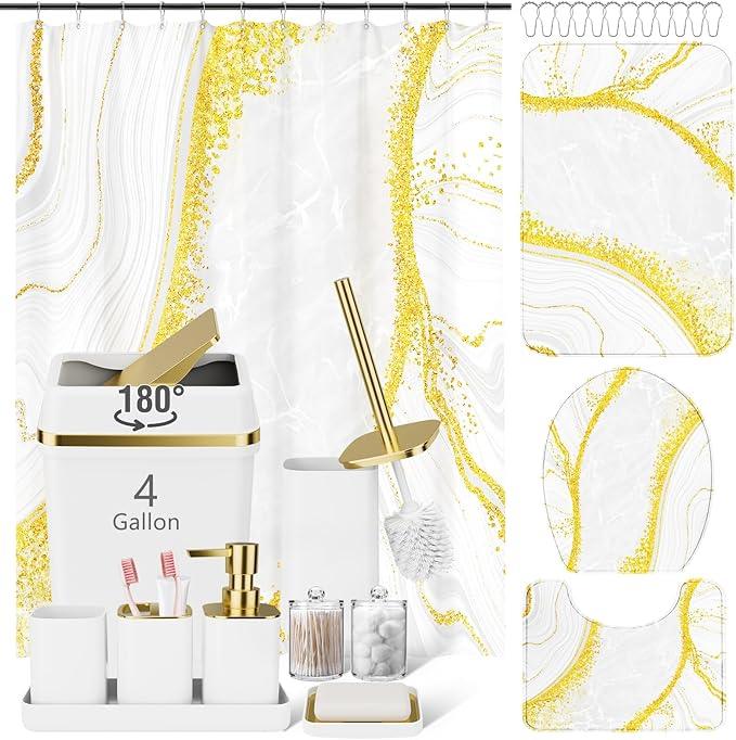 25PCS Bathroom Accessory Set, White Bathroom Set with Large-Capacity 4 Gallon Trash Can,Bathroom Rugs Set, Waterproof Shower Curtain, Toilet Brush, Toothbrush Holder & Soap Dispenser - ModernBath