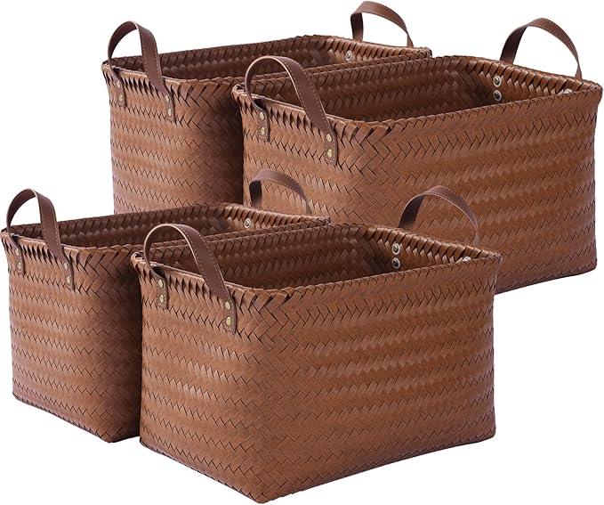 15x10x9 Woven Laundry Basket Hamper, Storage Basket for Clothes Blankets, 4-Pack Wicker Bin for Closet Shelves Bedroom Bathroom, Brown - ModernBath