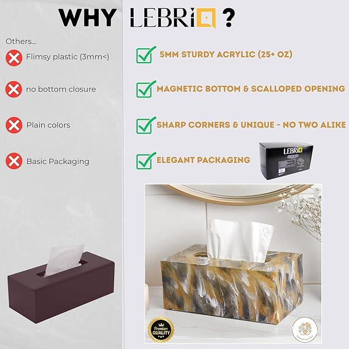 LebriQ Rectangular Tissue Box Cover | Heavyweight 1.5lbs Non-Slip Base | Gift Box Ready |Black, Amber & White Marble Acrylic Tissue Holder | Decorative Tissue Box for Bathroom, Bedroom,Office & Vanity - ModernBath